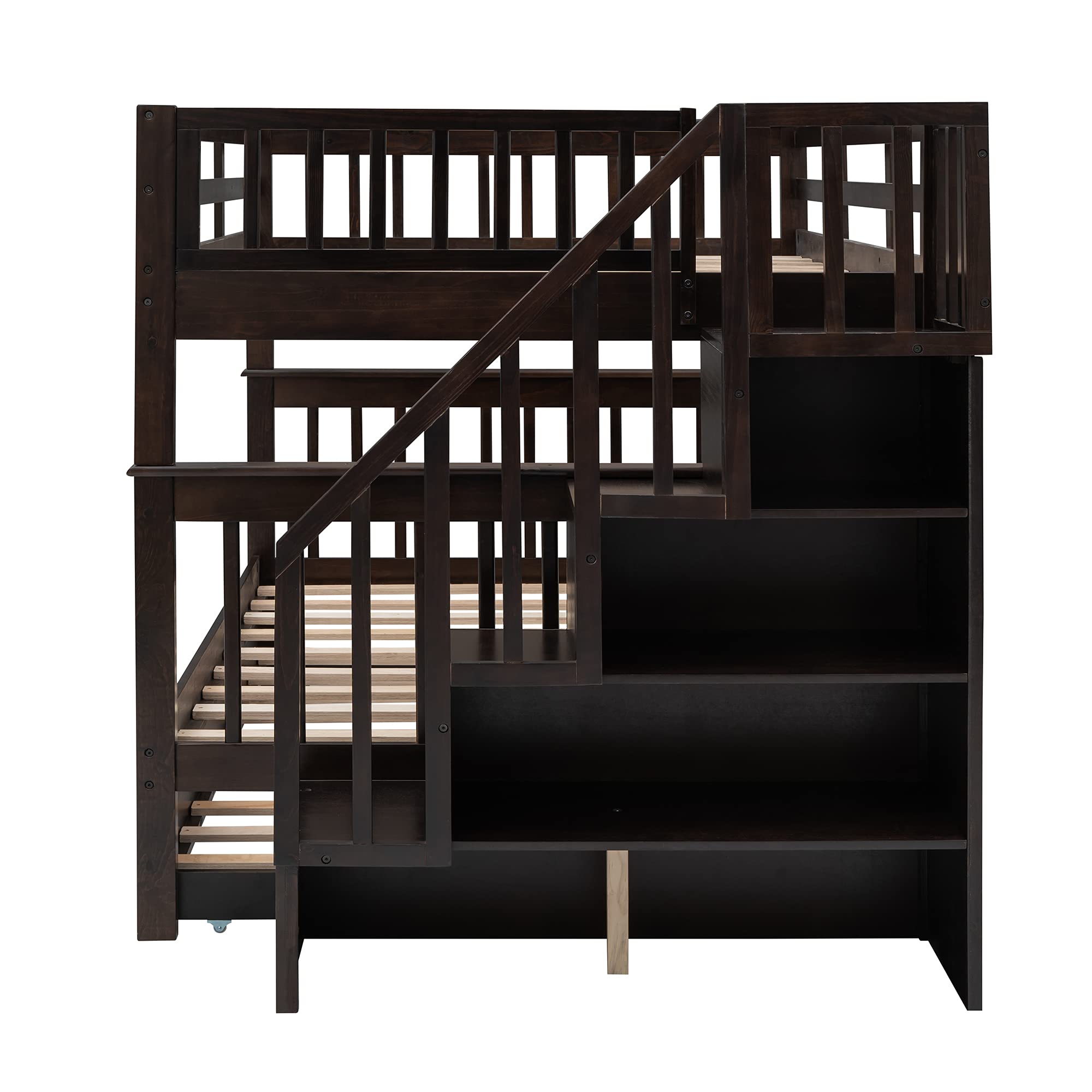 Bellemave Full Over Bunk Beds with Stairs and Trundle Wood Bed Frame Staircase Storage Shelves for Kids Teens Adult, Detachable Stairway Bunkbed Boys Girls, Espresso