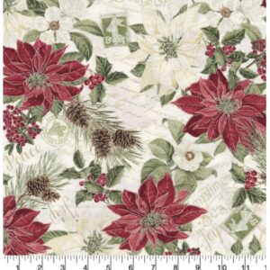 Traditional Christmas Poinsettia and Pinecone Cotton Precut Fabric - One Yard