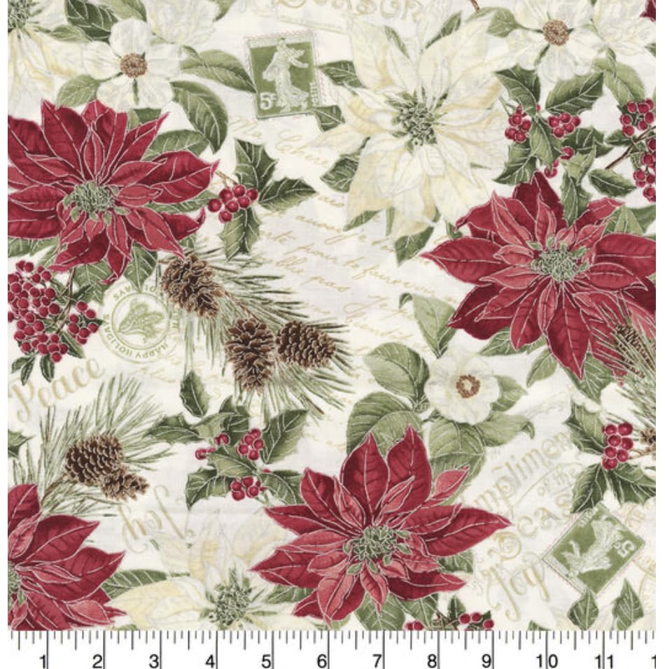 Traditional Christmas Poinsettia and Pinecone Cotton Precut Fabric - One Yard