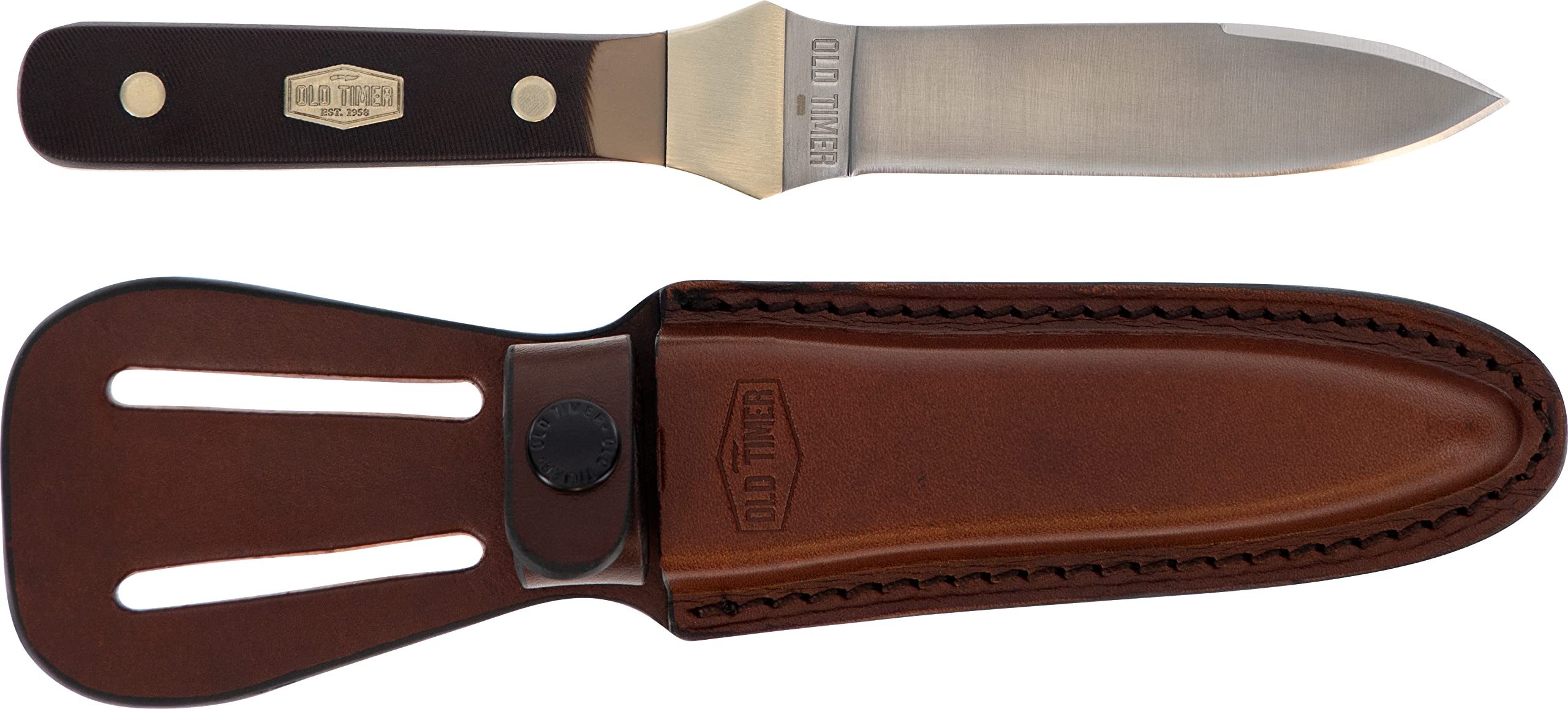 Old Timer 162OT Boot Knife 7.8in High Carbon Stainless Steel Full Tang Fixed Blade Knife with 3.8in False Edge Blade, Black Sawcut Handle, and Leather Belt Sheath for Camping, Hunting, and Outdoors