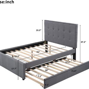 CITYNIGHT Upholstered Full Size Platform Bed with Headboard and Trundle,Linen Wood Full Trundle Bed Frame for Kids Teens,No Box Spring Needed (Full,Grey+Trundle)