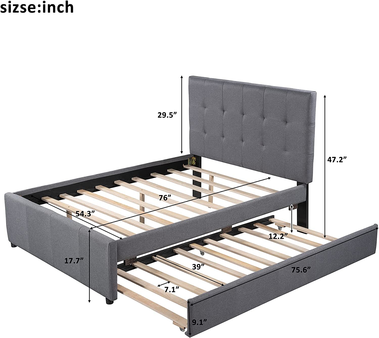 CITYNIGHT Upholstered Full Size Platform Bed with Headboard and Trundle,Linen Wood Full Trundle Bed Frame for Kids Teens,No Box Spring Needed (Full,Grey+Trundle)