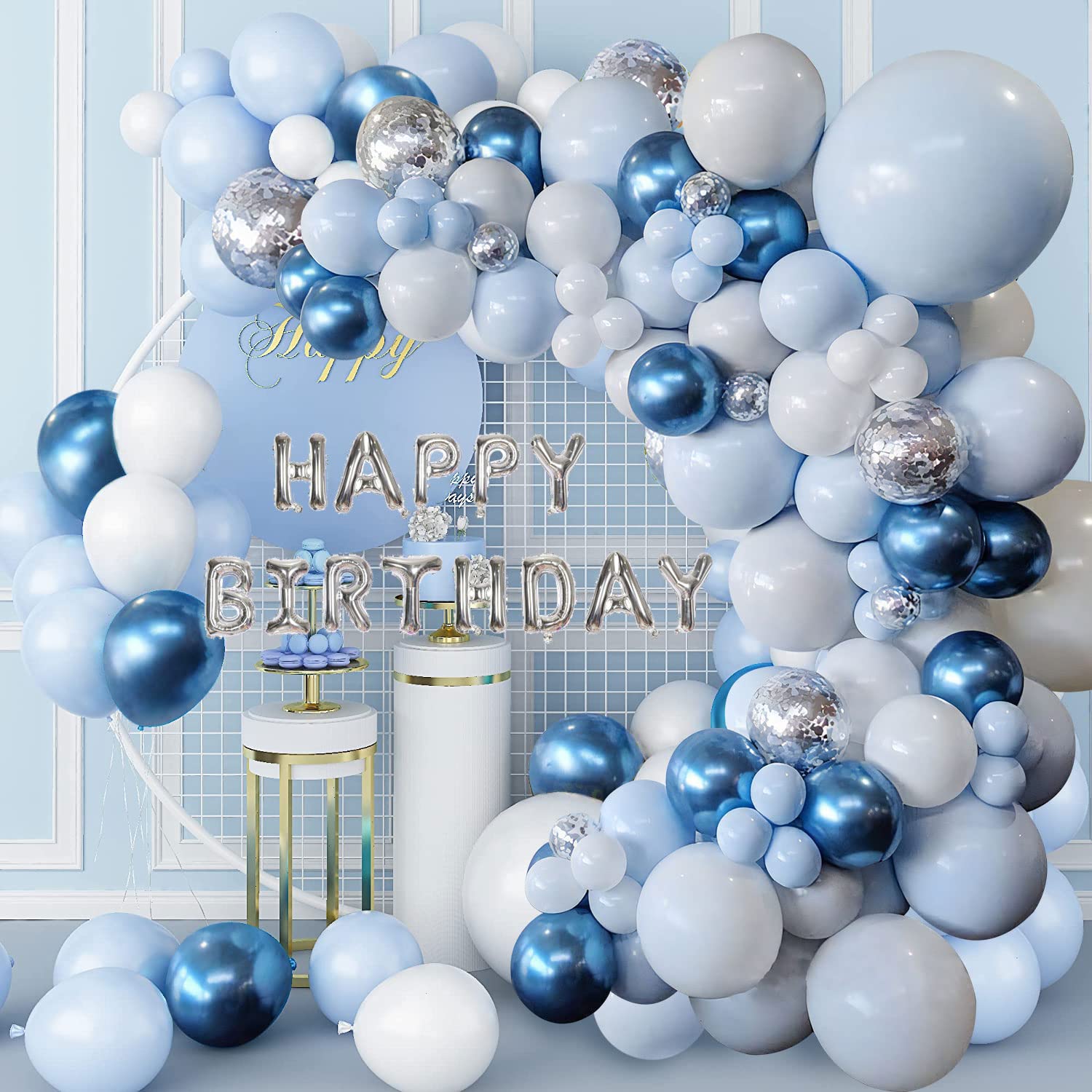 Blue Balloon Garland Arch Kit, Metallic Blue White and Silver Confetti Latex Balloons for Birthday Baby Shower Wedding Graduation Anniversary Frozen Winter Party Background Decorations