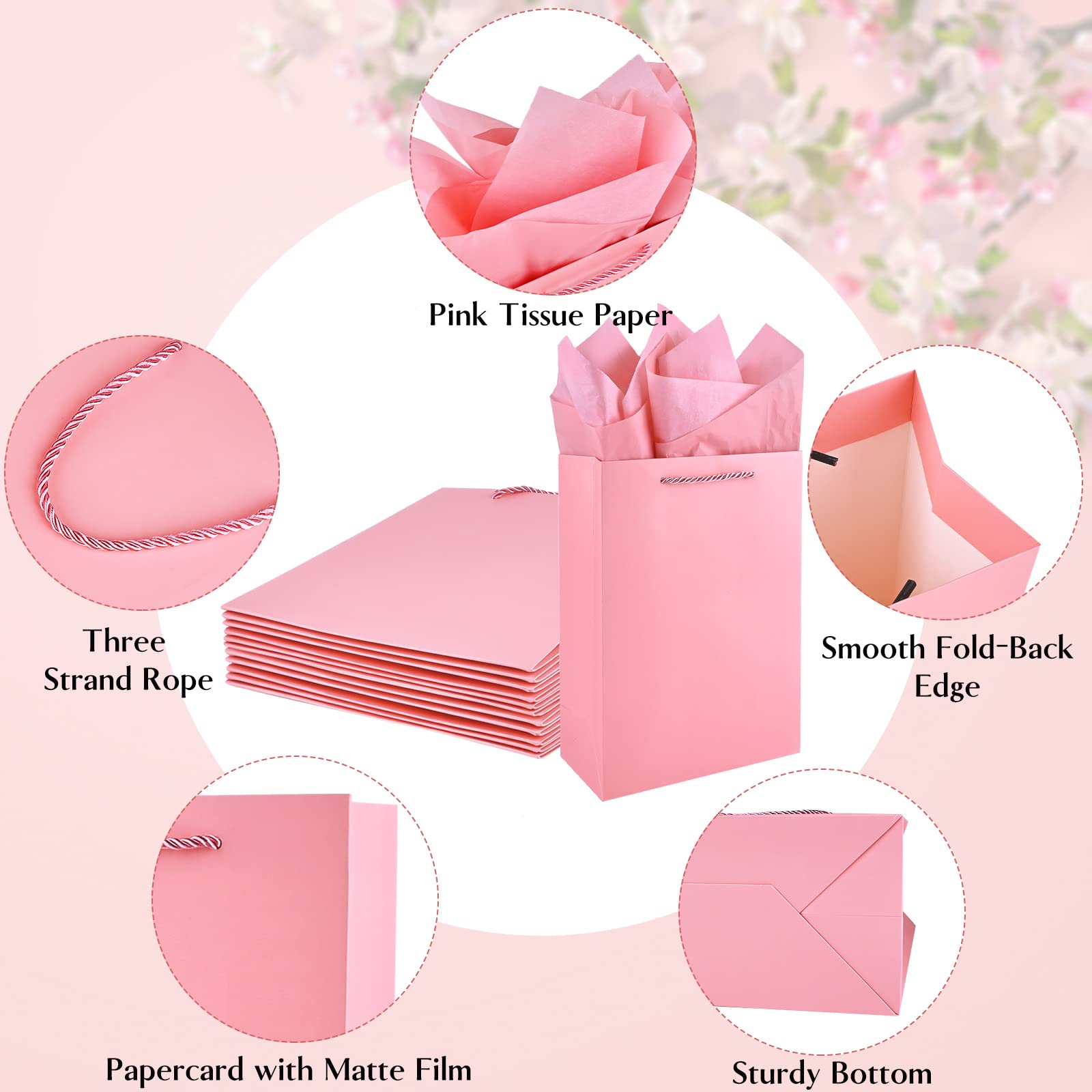 Jutieuo 10 Pcs Luxury Pink Gift Bags with Tissue Paper, 11x8x4 Inches Medium Size Paper Gift Bags with Handles for Women Girls Ladies Party Favor Bags, Bridesmaid Proposal Bags