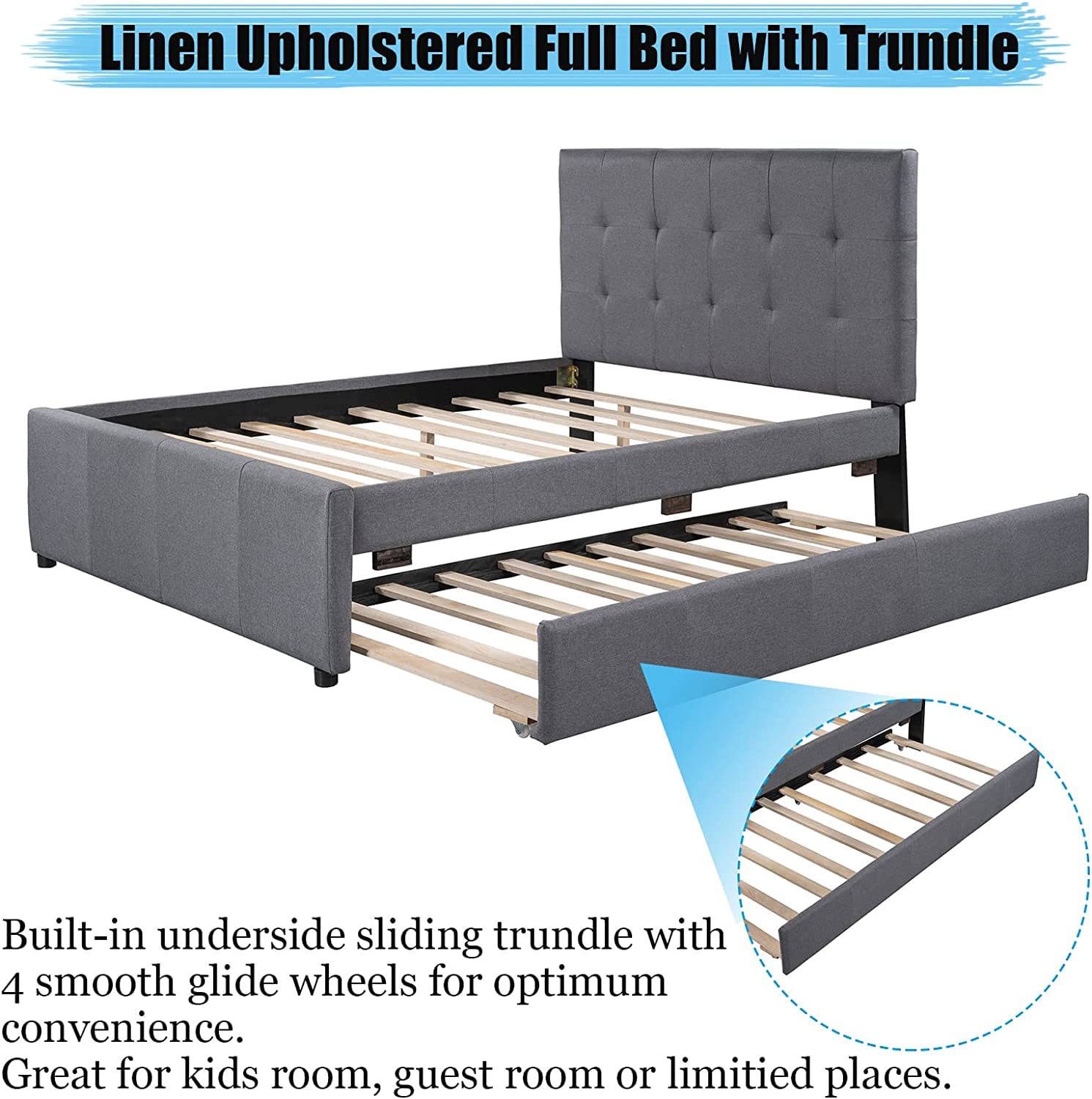 CITYNIGHT Upholstered Full Size Platform Bed with Headboard and Trundle,Linen Wood Full Trundle Bed Frame for Kids Teens,No Box Spring Needed (Full,Grey+Trundle)