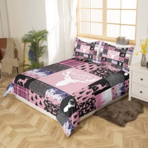 Erosebridal Farmhouse Moose Duvet Cover for Kids Boys Girls,Pink Deer Sketch Bedding Set,Rustic Elk Comforter Cover Twin,Woodland Animal Bed Sets with 1 Pillow Sham Lodge Bedroom Decor