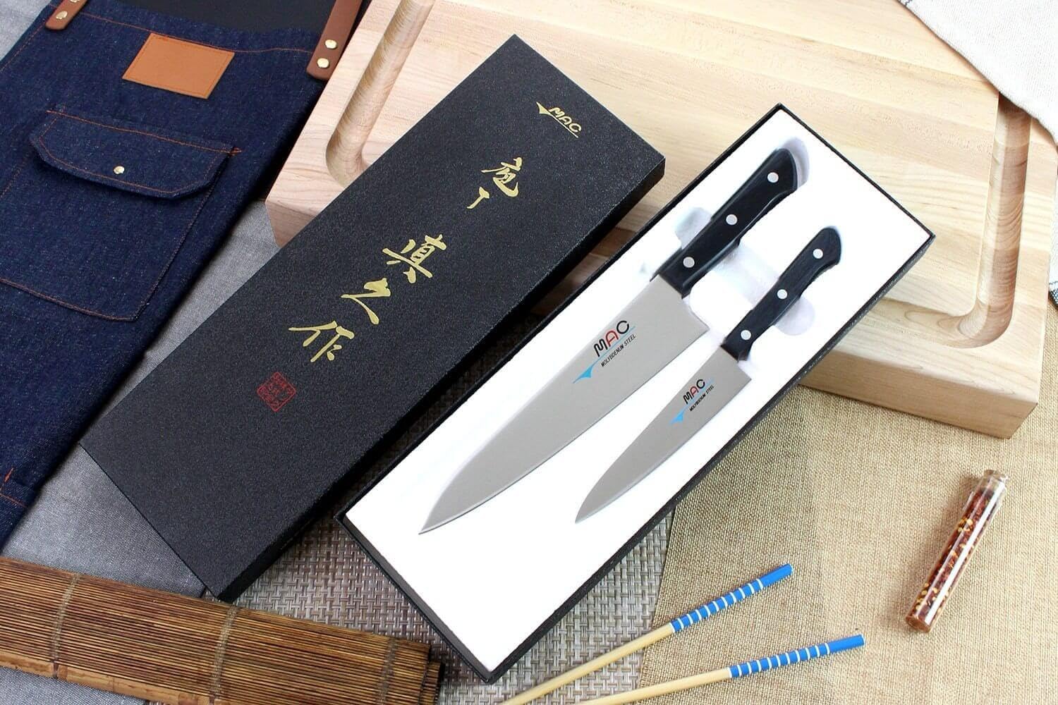 MAC Knife Chef series 2-piece starter knife set H-30, HB-85 Chef series 8.5" Gyutou-style Chef's knife and HB-55 Chef series 5.5" Utility knife, handcrafted in Seki, Japan