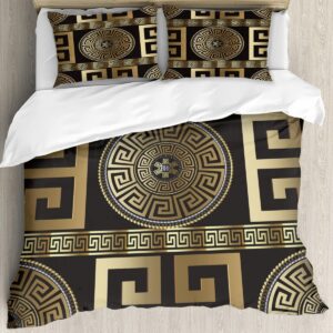 retro black gold greek key meander 3d print duvet cover set, 3d geometric gold print luxury soft 3 pieces bedding set breathable with 2 pillow shams for hotel bedroom decor (king, no comforter)