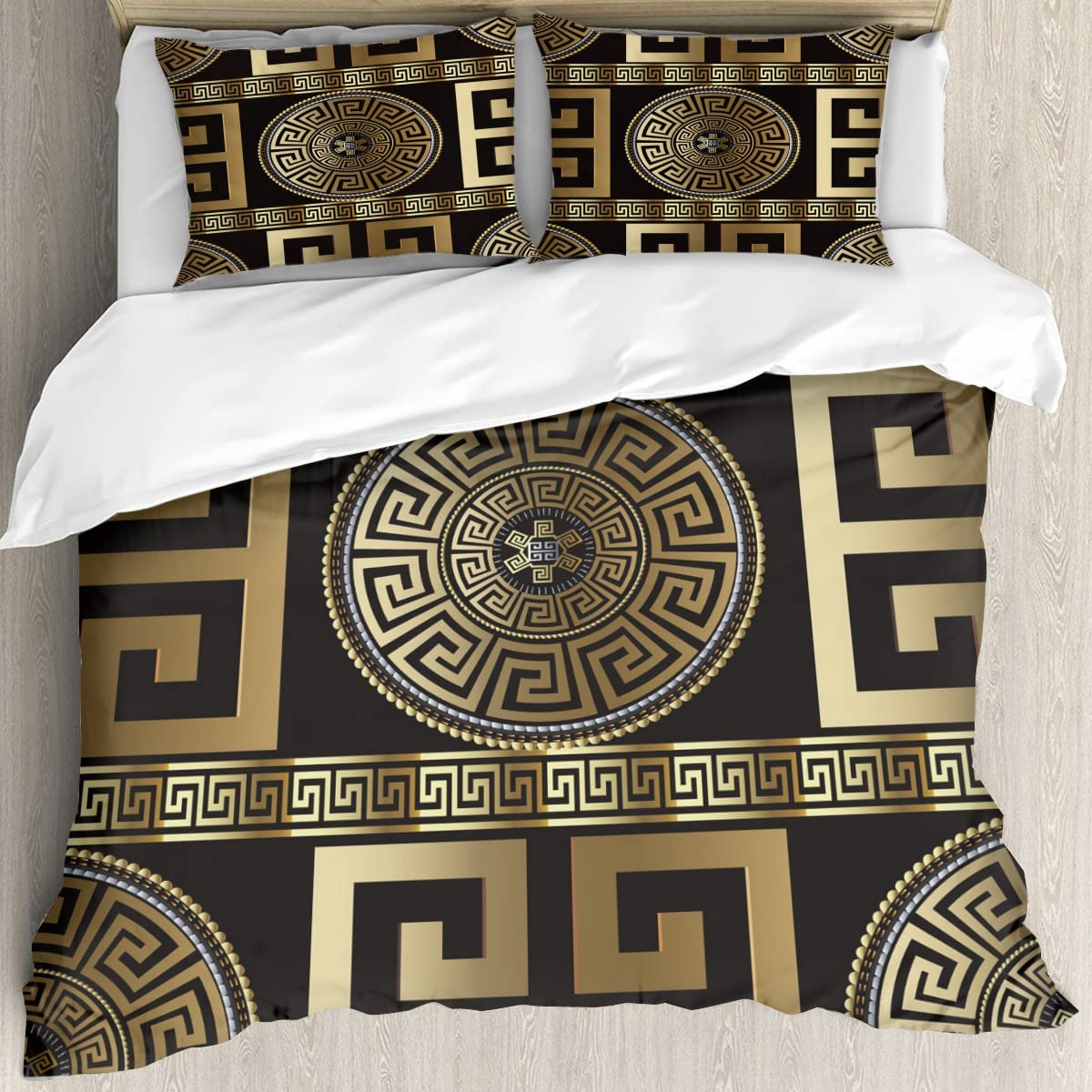 Retro Black Gold Greek Key Meander 3D Print Duvet Cover Set, 3D Geometric Gold Print Luxury Soft 3 Pieces Bedding Set Breathable with 2 Pillow Shams for Hotel Bedroom Decor (King, No Comforter)