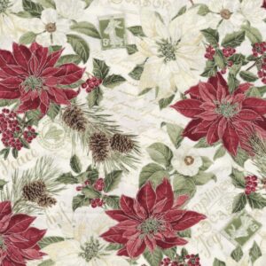 Traditional Christmas Poinsettia and Pinecone Cotton Precut Fabric - One Yard