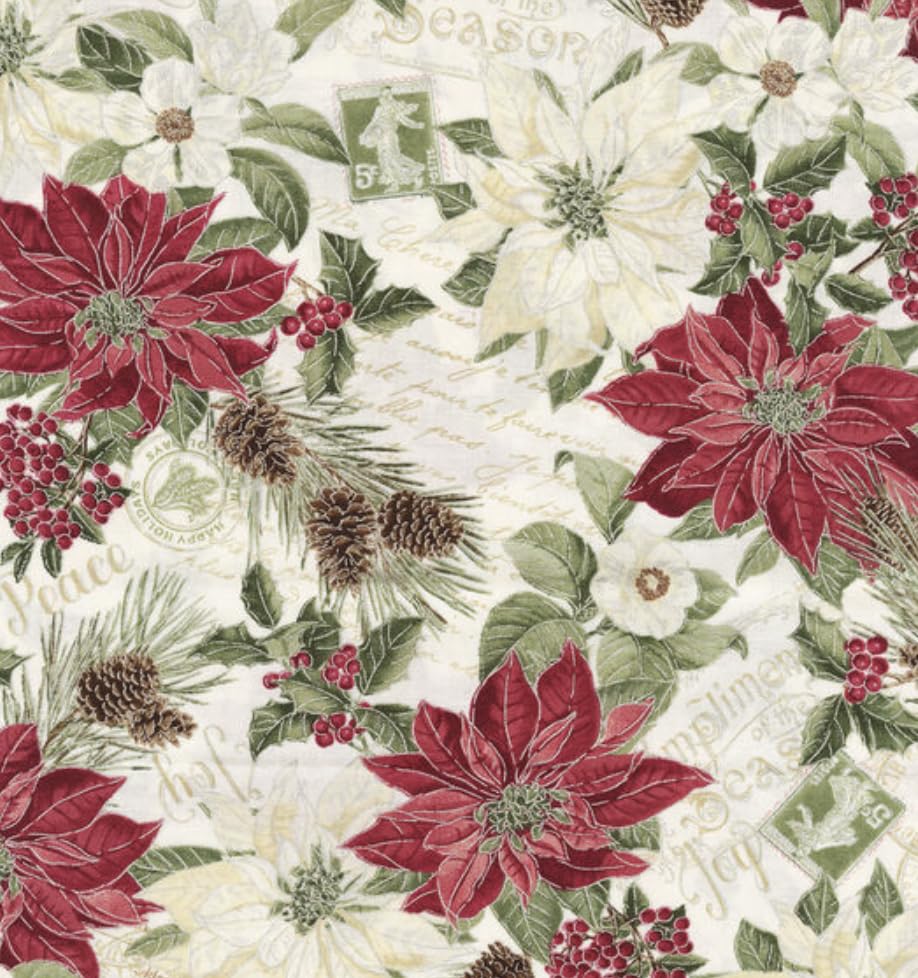 Traditional Christmas Poinsettia and Pinecone Cotton Precut Fabric - One Yard