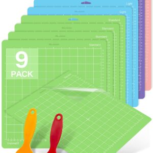 Colemoly 12x12 Cutting Mat 9 Pack Variety for Cricut Maker 3/Maker/Explore 3/Air 2/Air/One 2 Pack Mats Scrapers Sticky Cricket Cut Card Non-Slip Replacement Accessories Standard Light Strong Frabic