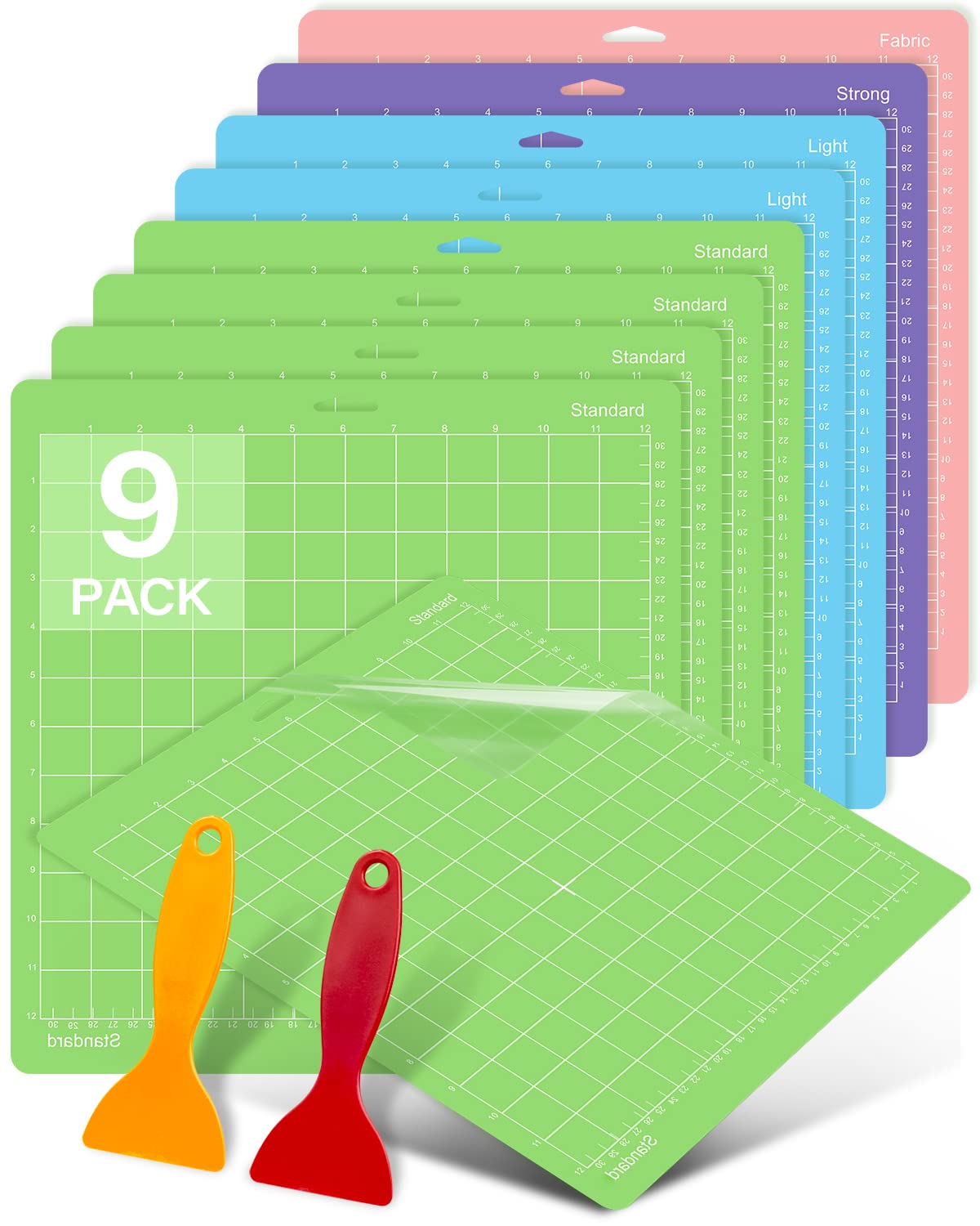 Colemoly 12x12 Cutting Mat 9 Pack Variety for Cricut Maker 3/Maker/Explore 3/Air 2/Air/One 2 Pack Mats Scrapers Sticky Cricket Cut Card Non-Slip Replacement Accessories Standard Light Strong Frabic