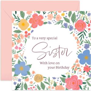 old english co. to a very special sister birthday card - sweet cute floral card for her sister card | flower happy birthday from brother, sister, sibling | blank inside & envelope included