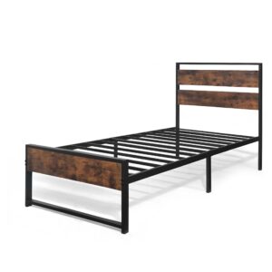 CAPHAUS Metal Bed Frame with Modern Wood Headboard and Footboard, Mattress Foundation, Metal Platform Bed with Premium Steel Frame, Noise-Free, No Box Spring Needed, Twin Size, Rustic Oak