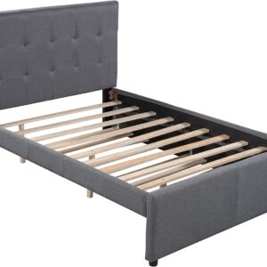 CITYNIGHT Upholstered Full Size Platform Bed with Headboard and Trundle,Linen Wood Full Trundle Bed Frame for Kids Teens,No Box Spring Needed (Full,Grey+Trundle)