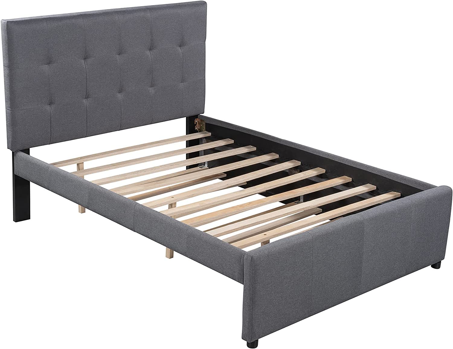 CITYNIGHT Upholstered Full Size Platform Bed with Headboard and Trundle,Linen Wood Full Trundle Bed Frame for Kids Teens,No Box Spring Needed (Full,Grey+Trundle)