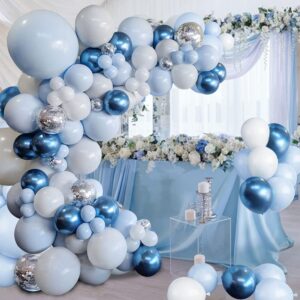 Blue Balloon Garland Arch Kit, Metallic Blue White and Silver Confetti Latex Balloons for Birthday Baby Shower Wedding Graduation Anniversary Frozen Winter Party Background Decorations