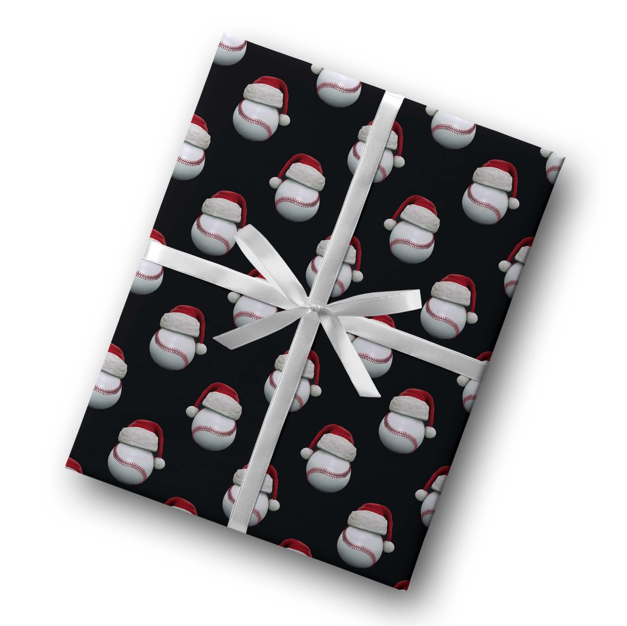 Cute Santa Hat Baseball Gift Wrap Thick Wrapping Paper Bball Themed Christmas Holiday Party Decoration (One 20 inch x 30 inch sheet)