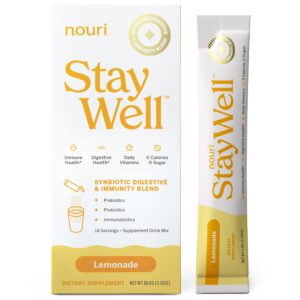 nouri staywell lemonade synbiotic digestive + immunity blend, prebiotics and probiotics, powder stick pack for digestive and immune health, 0 calories, 0 sugar - 14-count (lemonade)