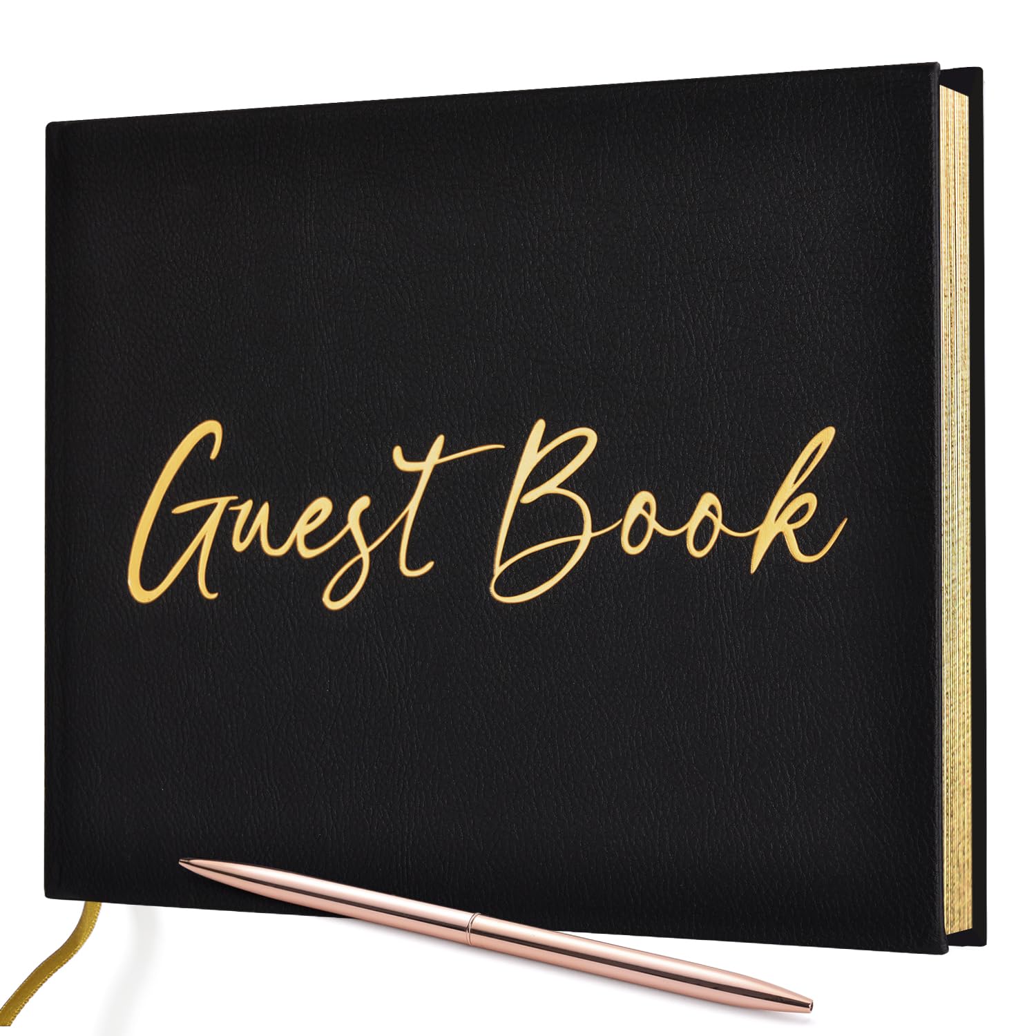 JUBTIC Black Guest Book for Funeral, Guest Sign in Book for Reception,Wedding,Baby Shower, Birthday, Bridal Shower, Graduation Party,100 Pages with Gilded Edges and Gold Foiled Cover - 7x10″