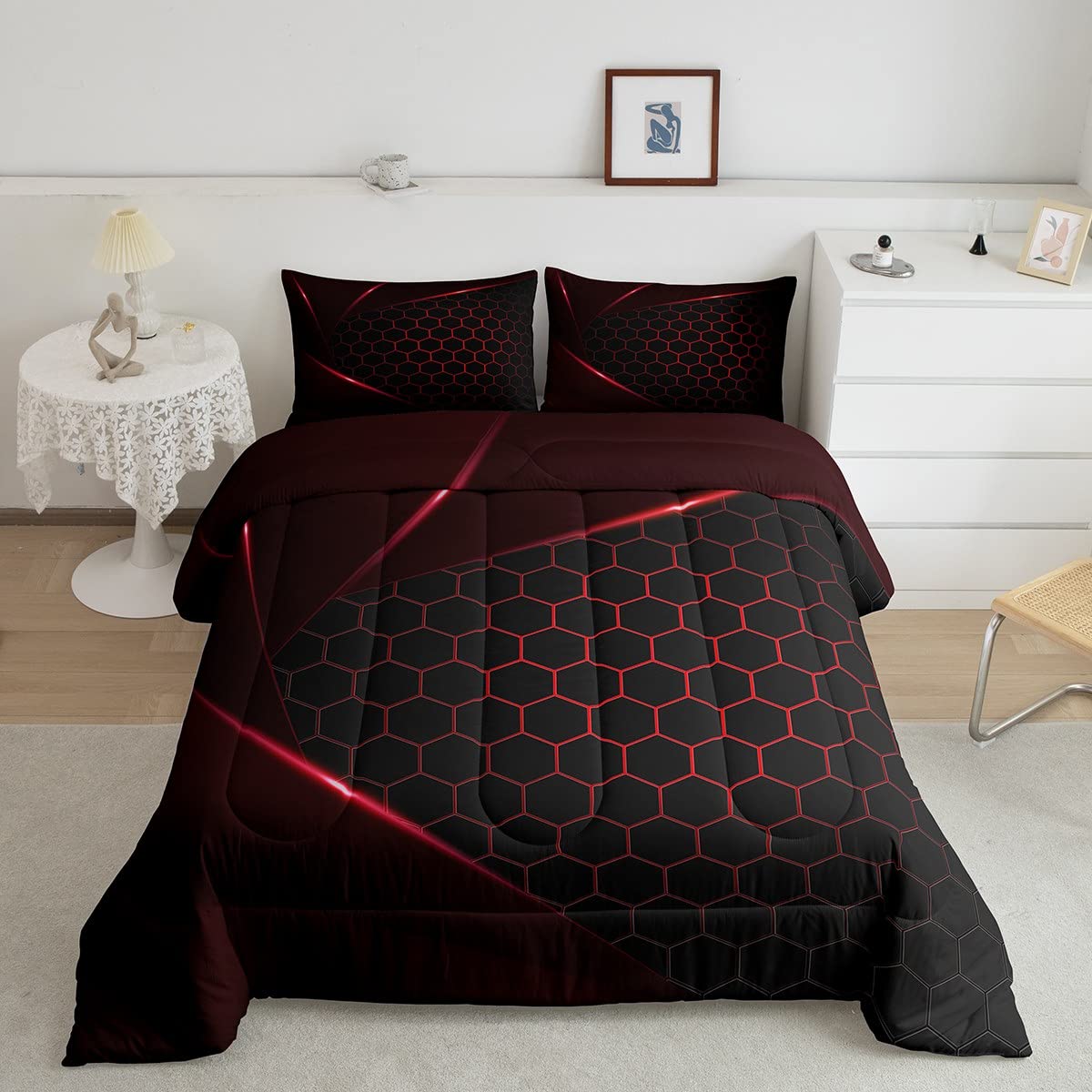 Honeycomb Geometric Hexagon Kids Comforter Set Queen Size,Glitter Neon Lines Bedding Set,Girls Boys Adults Bedroom Decor,Abstract Stylish Down Comforter,Red Black Classic Duvet Insert,2 Pillowcases