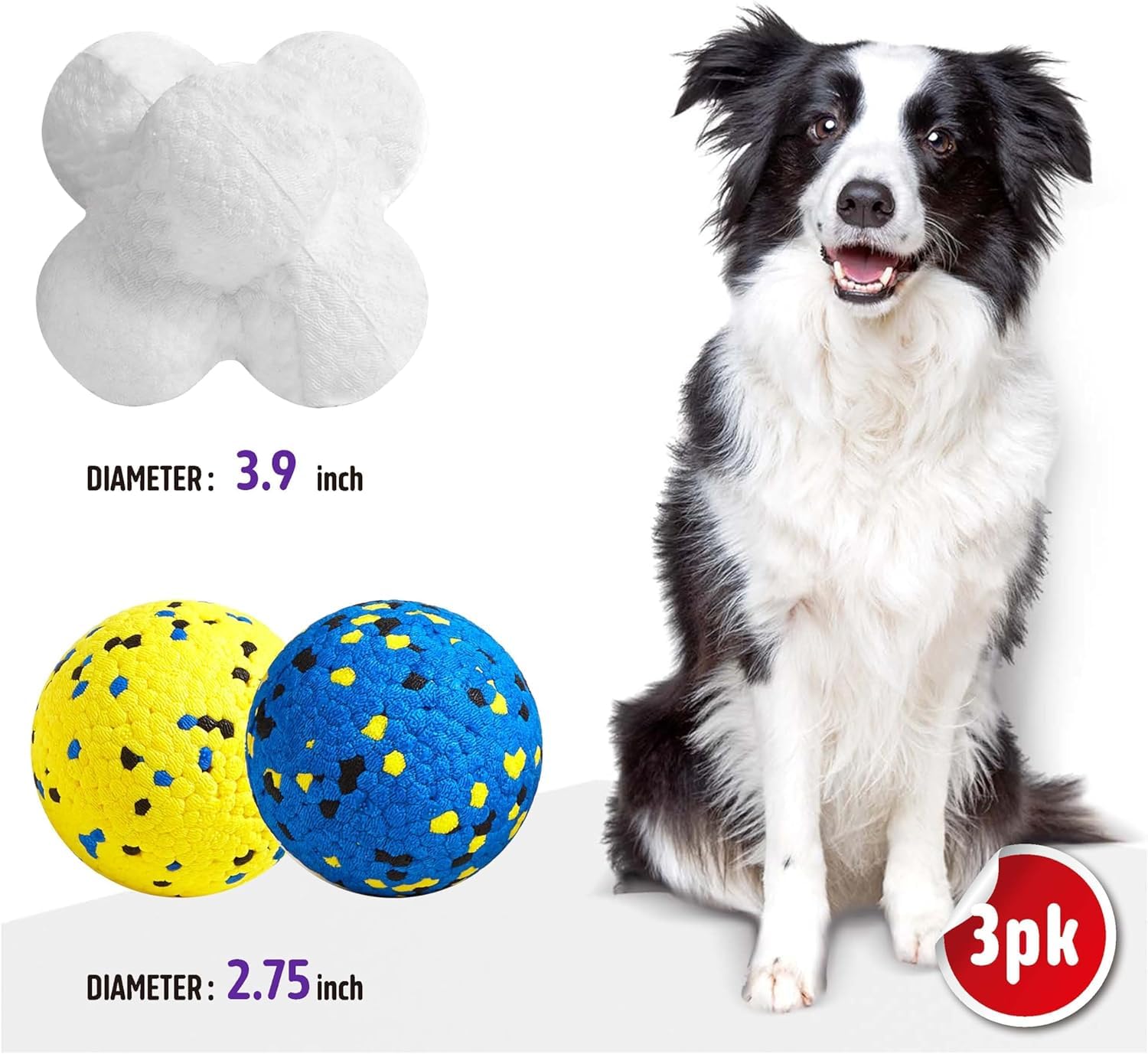 Kimee Durable Dog Chew Balls for Aggressive Chewers - Atom Teething Toys for Puppies, Medium and Large Dogs - 3 Pack