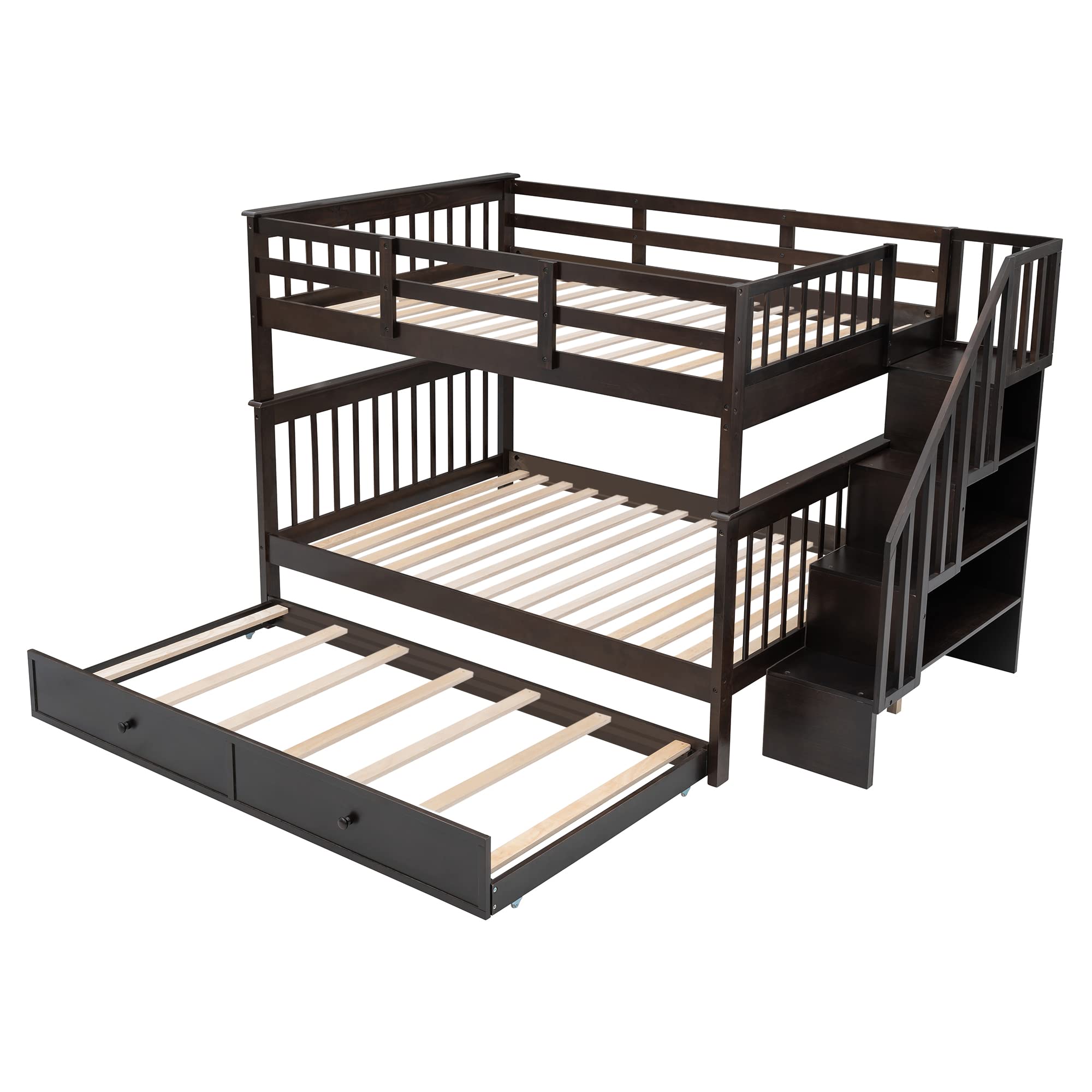 Bellemave Full Over Bunk Beds with Stairs and Trundle Wood Bed Frame Staircase Storage Shelves for Kids Teens Adult, Detachable Stairway Bunkbed Boys Girls, Espresso