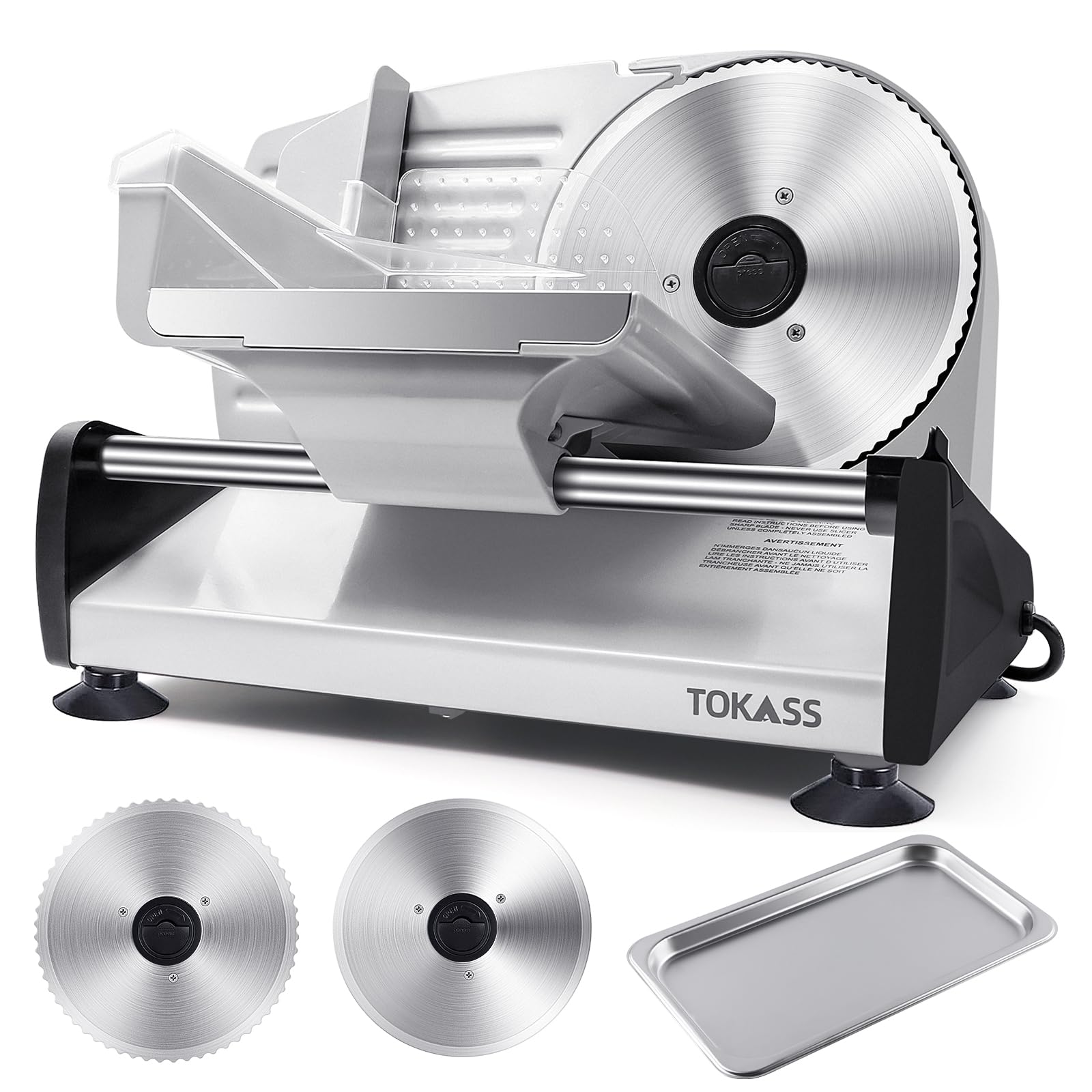 TOKASS Meat Slicer, 200W Electric Slicer For Home Use with 2pcs 7.5'' Stainless Steel Blades, Electric Deli food Slicer, Adjustable Thickness for Meat, Cheese, Bread, Easy Clean (200W-Bright Silver)