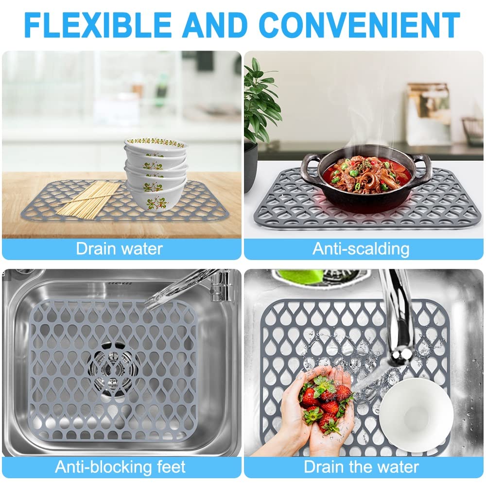 LucyPhy Silicone Sink Mat for Kitchen Sink Good Grips Non-slip Sink Protector Sink Mat Grid for Bottom of Farmhouse Sink(No Hole,Gray,2PCS)