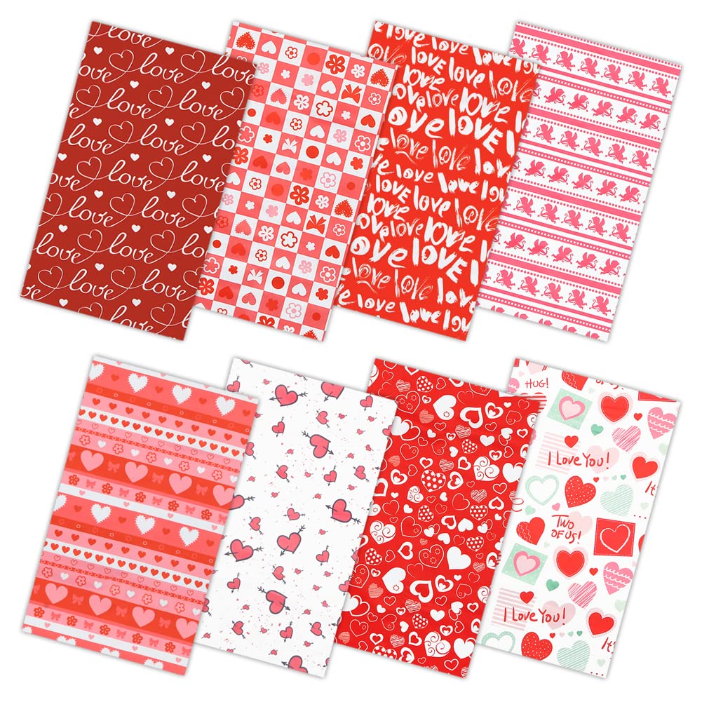 Valentine's Day Cotton Fabric Squares 20x20 Inch, 8PCS Valentine Fabric Heart Print Red Pink Patchwork Sewing for DIY Crafts Supplies, Gift Wrap for Valentines Day, Wedding, Anniversary, Mother's Day