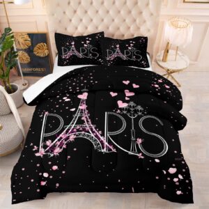 haohay eiffel tower comforter set chic paris bedding set romantic theme comforter for boys girls children teens black pink bedroom decor modern french style comforter set full size with 2 pillow case