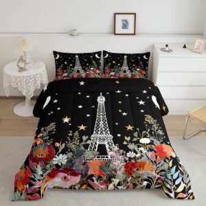 feelyou eiffel tower bedding set paris comforter boho sun moon floral comforter set for kids adults groovy floral duvet set soft valentines room decor queen size quilt boys