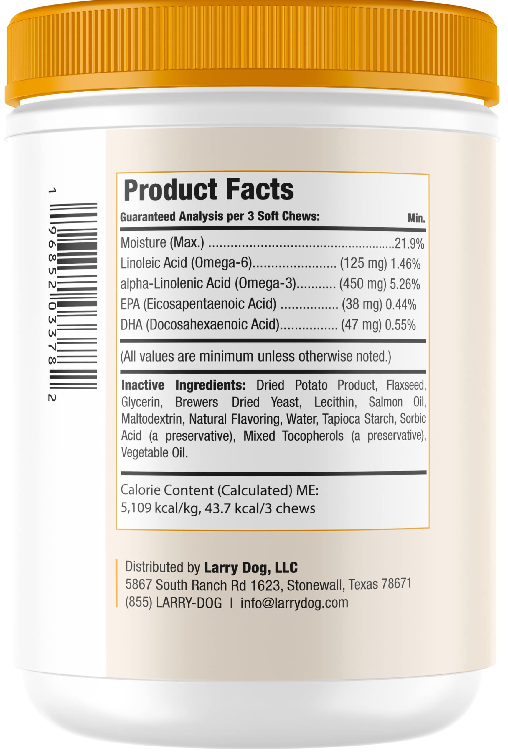 Salmon Oil for Dogs Skin and Coat by Larry | Dog Supplements for Itchy Skin & Allergy Relief | Omega 3, 4, DHA, & EPA for Skin, Coat, Bone, & Joint Health | for All Breeds & Sizes, (120 Soft Chews)