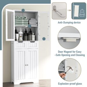 67" Tall White Bathroom Cabinet Bathroom Cabinet Storage Cabinet, Freestanding Storage Cabinet With Glass Door and Adjustable Shelves, Linen Bathroom Cabinet for Living Room, Kitchen, Dining, White