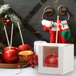 Frcctre 50 Pack White Kraft Candy Apple Boxes with Holes and Sticks, 4" x 4" x 4" Caramel Apple Box Gift Boxes Favor Boxes with Clear Window for Wedding Christmas Baby Shower Party Accessories