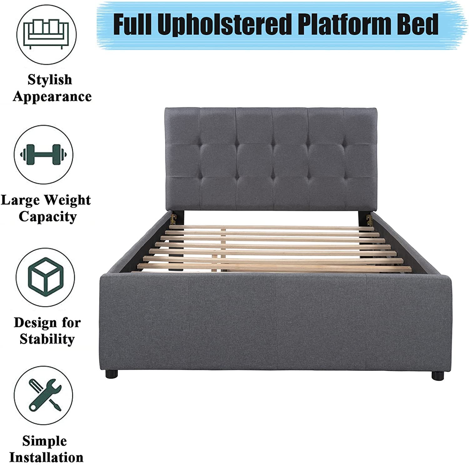 CITYNIGHT Upholstered Full Size Platform Bed with Headboard and Trundle,Linen Wood Full Trundle Bed Frame for Kids Teens,No Box Spring Needed (Full,Grey+Trundle)