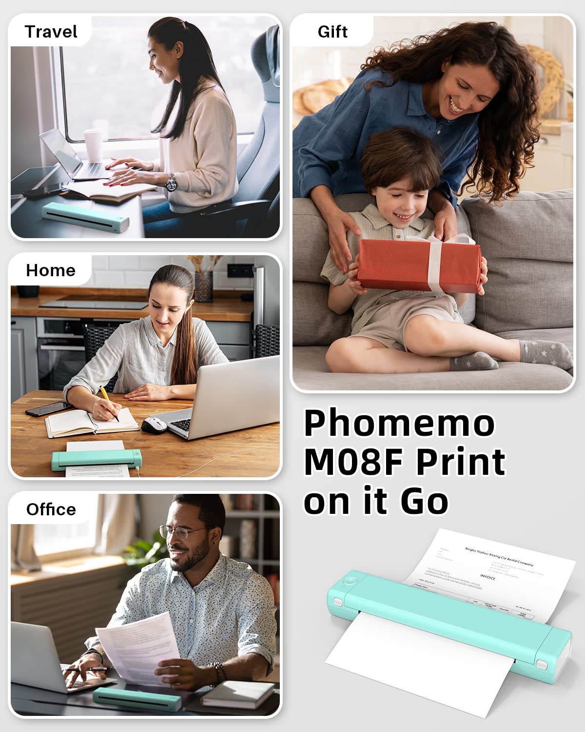 Phomemo M08F Portable Printers Wireless for Travel, Support 8.5" X 11" US Letter,Bluetooth Thermal Printer Compatible with iOS, Android, Laptop, Inkless Mobile Printer for Travel, Office, Home, Cyan