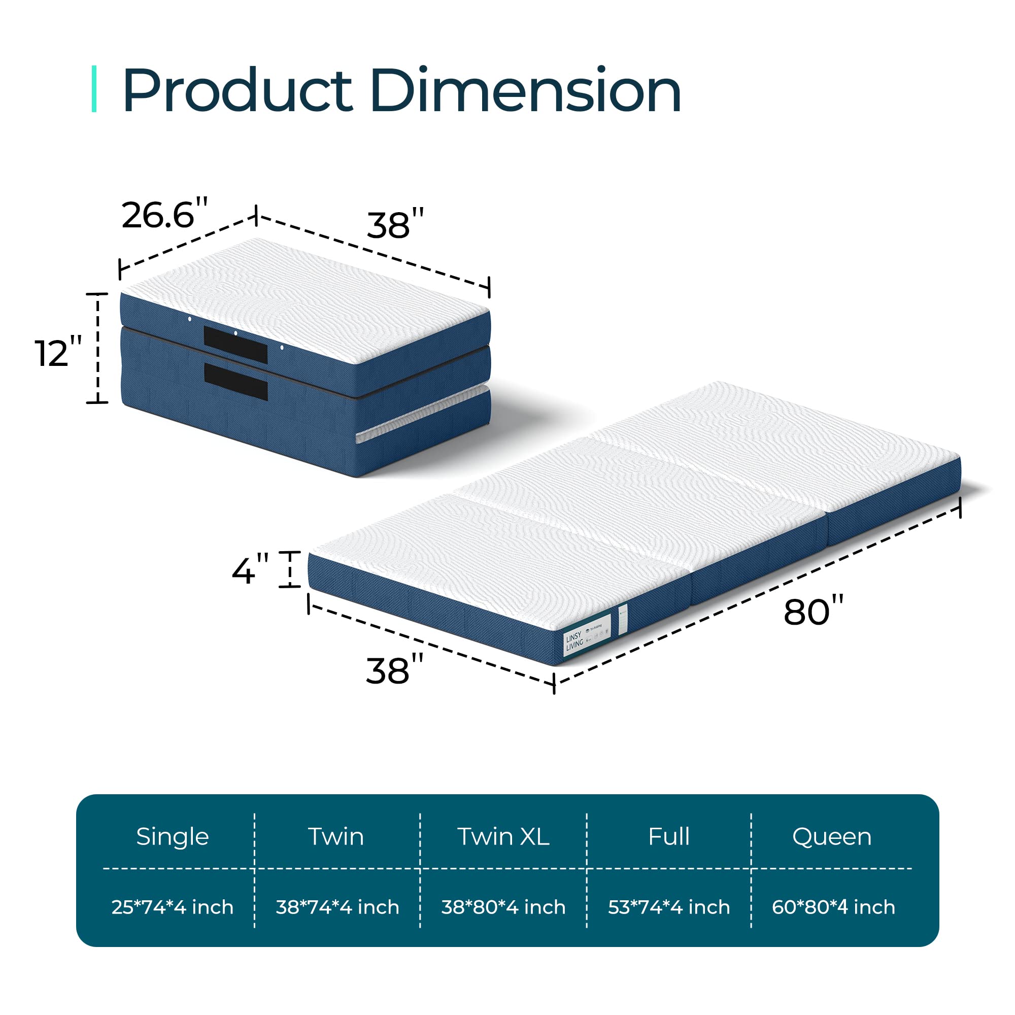 LINSY LIVING Folding Mattress, 4 Inch Trifold Mattress with Washable Tencel Cover, Twin XL Memory Foam Mattess, Foldable, Portable, Easy Storage Sofa Bed, Twin XL Size, 80" * 38"