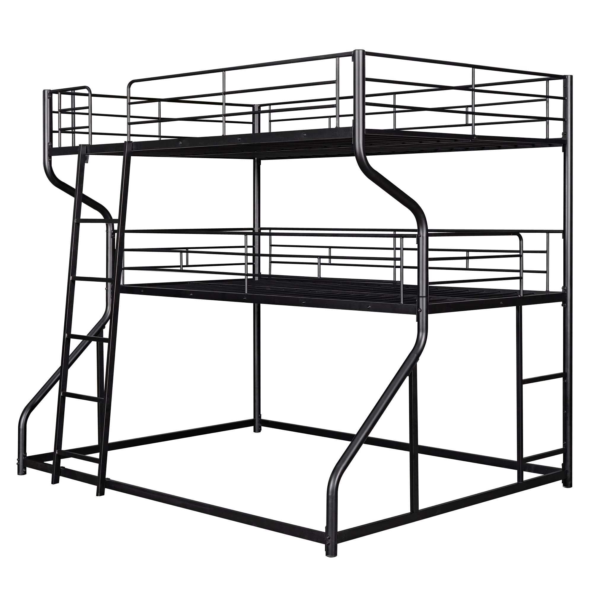 Triple Bunk Bed Full XL Over Twin Queen Metal Heavy-Duty 3 Beds Frame for Multi-Kids Boys Girls Teens Adults, Black