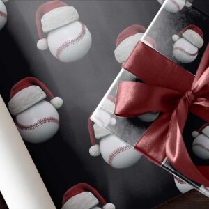 Cute Santa Hat Baseball Gift Wrap Thick Wrapping Paper Bball Themed Christmas Holiday Party Decoration (One 20 inch x 30 inch sheet)