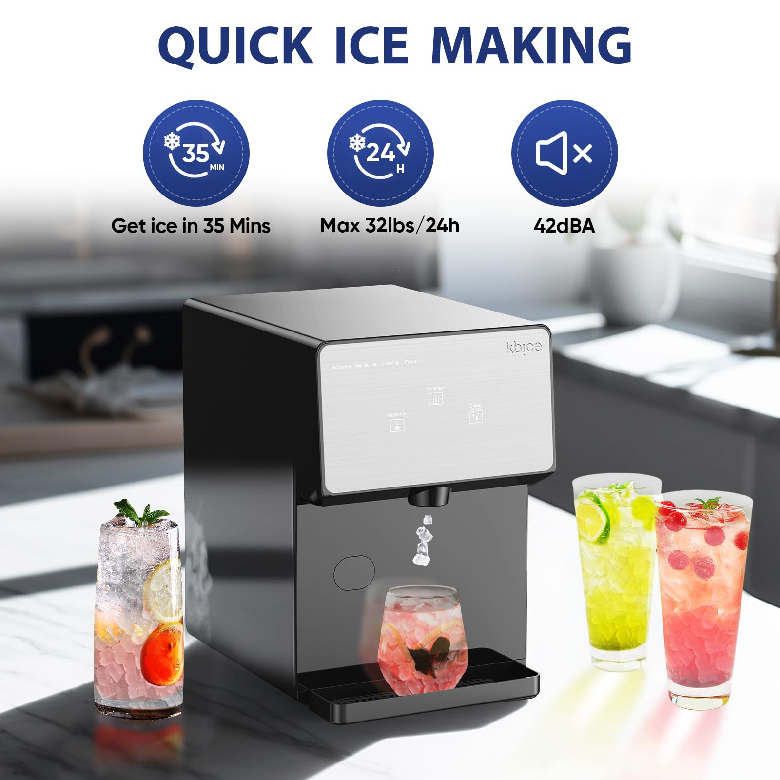 KBICE 2.0 Countertop Nugget Ice Maker with Soft Chewable Ice, 32lbs in 24Hrs, LED Touch Panel, Self-Cleaning Ice Maker with Automatic Dispensing