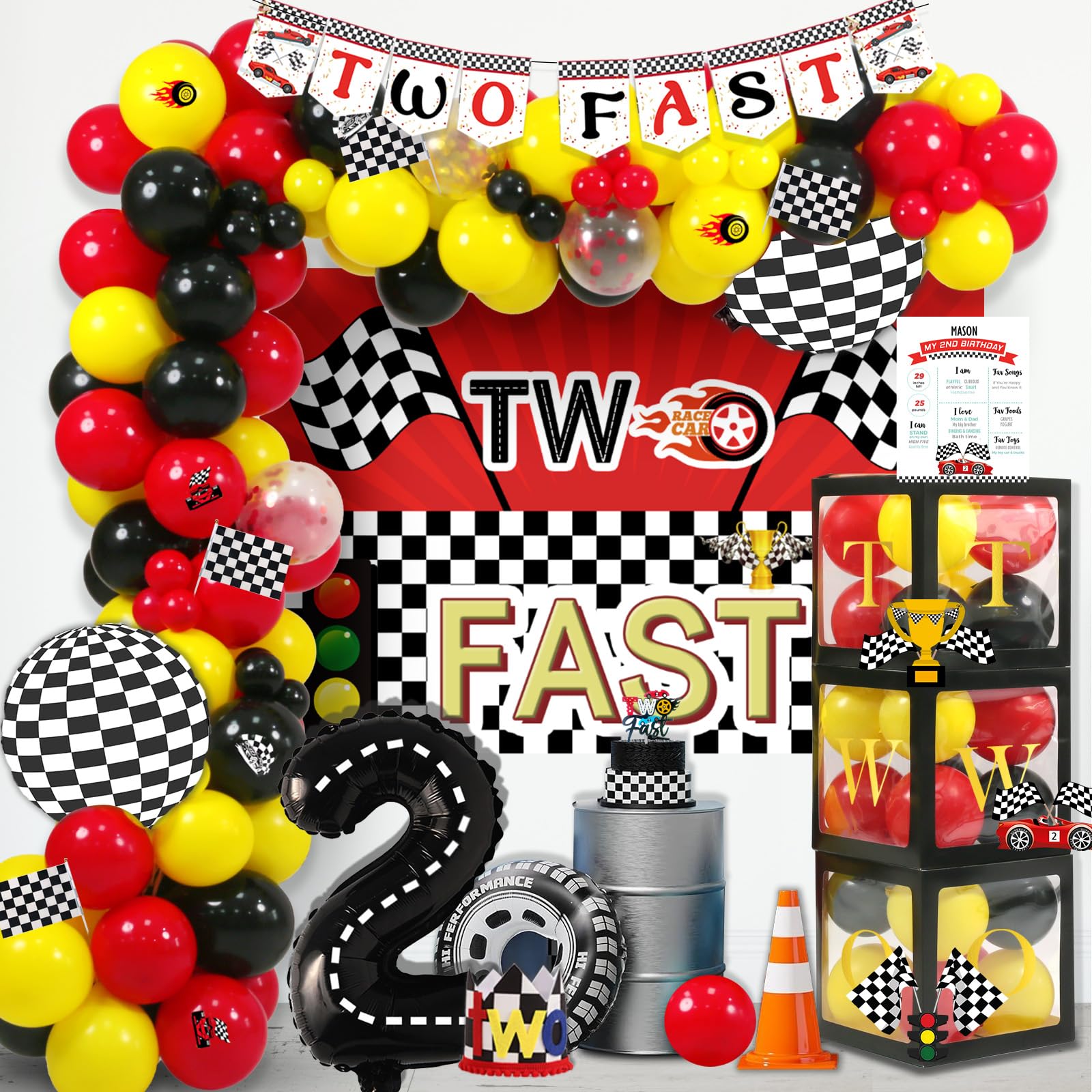 126 PCs Two Fast Birthday Decorations, Fiesec Race Car Theme 2nd Party Decorations Backdrop Balloon Garland Arch Banner Box Cutout Cake Topper Crown Poster Checked Flag Trophy Black Red