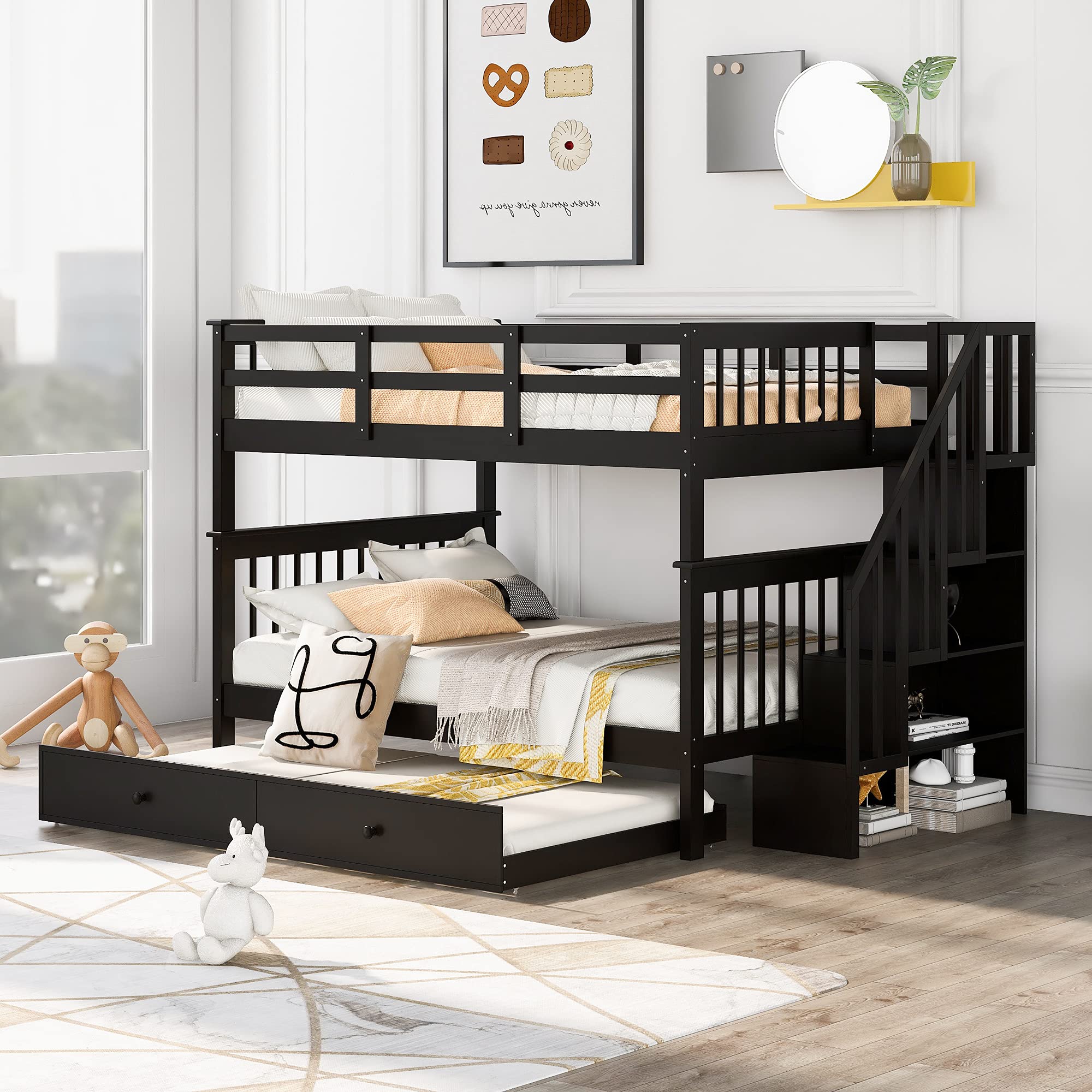 Bellemave Full Over Bunk Beds with Stairs and Trundle Wood Bed Frame Staircase Storage Shelves for Kids Teens Adult, Detachable Stairway Bunkbed Boys Girls, Espresso