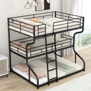 Triple Bunk Bed Full XL Over Twin Queen Metal Heavy-Duty 3 Beds Frame for Multi-Kids Boys Girls Teens Adults, Black