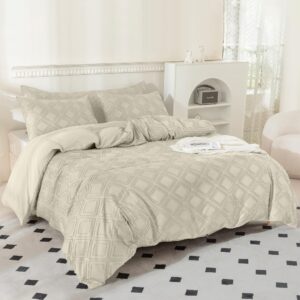 JELLYMONI Cream Grey Duvet Cover Queen Size - 3PCS Microfiber Tufted Duvet Cover Set, Boho Textured Duvet Cover Jacquard Rhombus Geometric Pattern Duvet Cover with Corner Ties & Zipper Closure