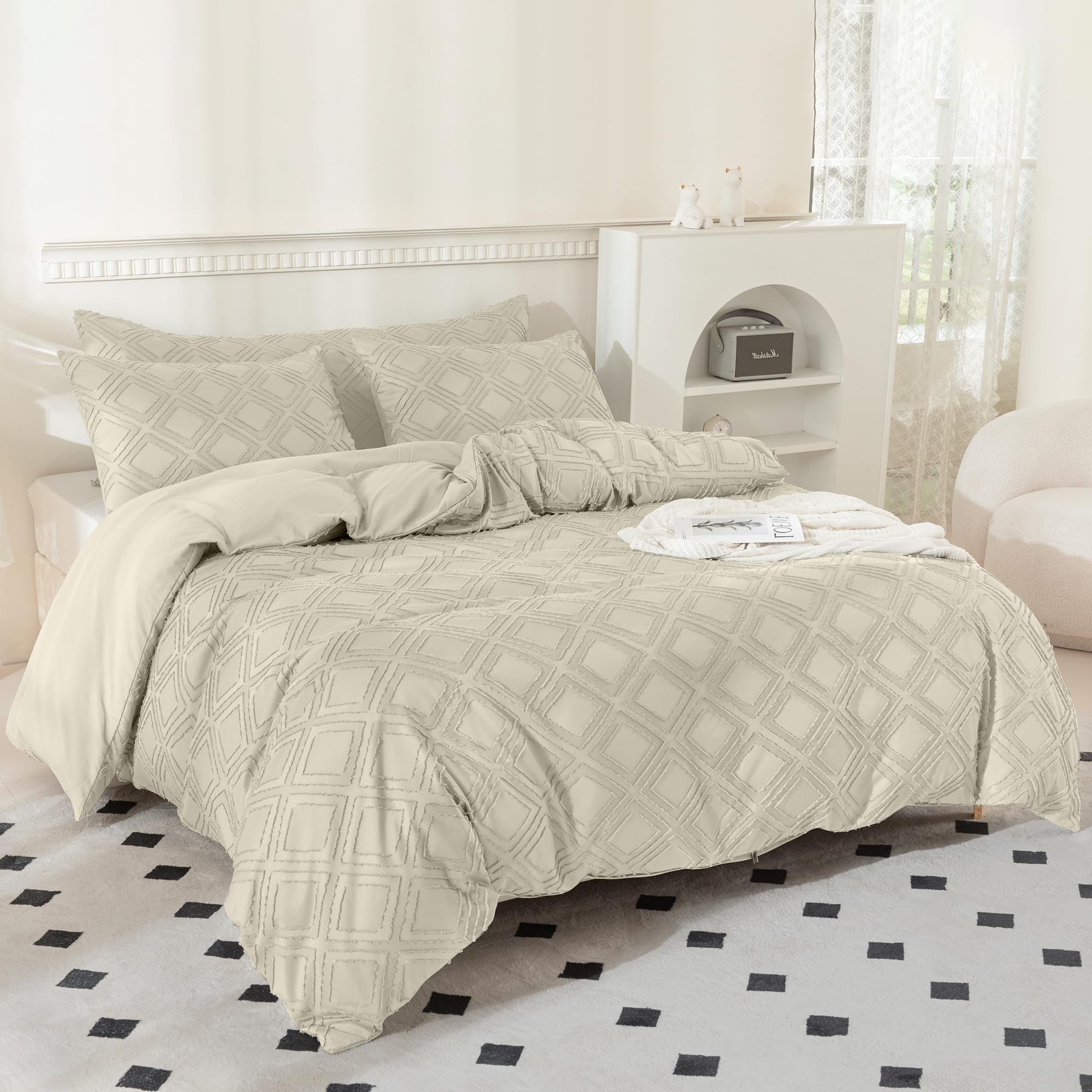 JELLYMONI Cream Grey Duvet Cover Queen Size - 3PCS Microfiber Tufted Duvet Cover Set, Boho Textured Duvet Cover Jacquard Rhombus Geometric Pattern Duvet Cover with Corner Ties & Zipper Closure