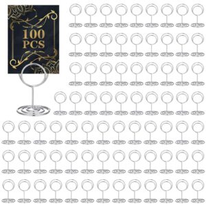 100 pcs mini place card holders 2 inch table number holders small steel wire table sign holders picture stands for table menu standing clip holder for wedding birthday restaurant (silver)