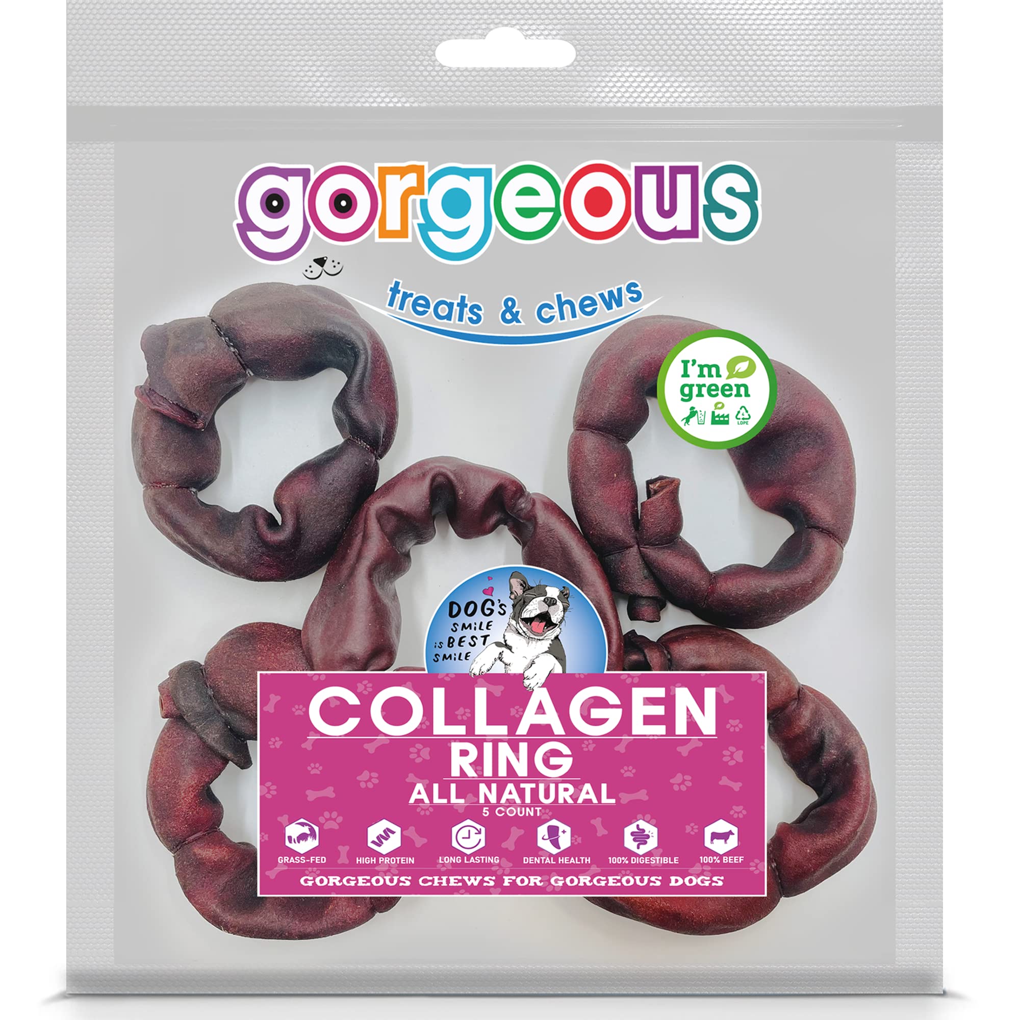 gorgeous treats and chews Beef Collagen | (Ring (5 Count)) | High in Protein | All Natural Chew for Dogs | 100% Digestible | Chondroitin & Glucosamine Source | Good for Dental Health