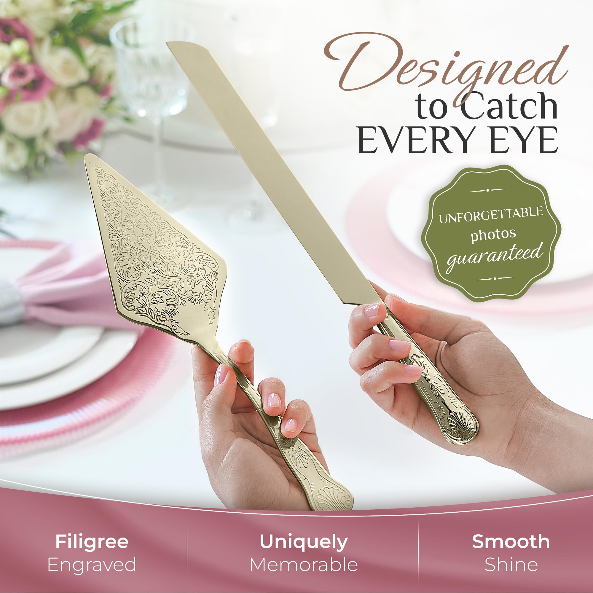 Orblue Wedding Cake Knife and Server Set - Premium, Beautifully Engraved Cutting Set - Elegant Keepsake for Newlyweds - Light Gold